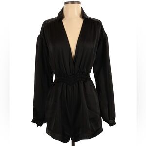 Black Long Sleeve Romper with Deep V Cut